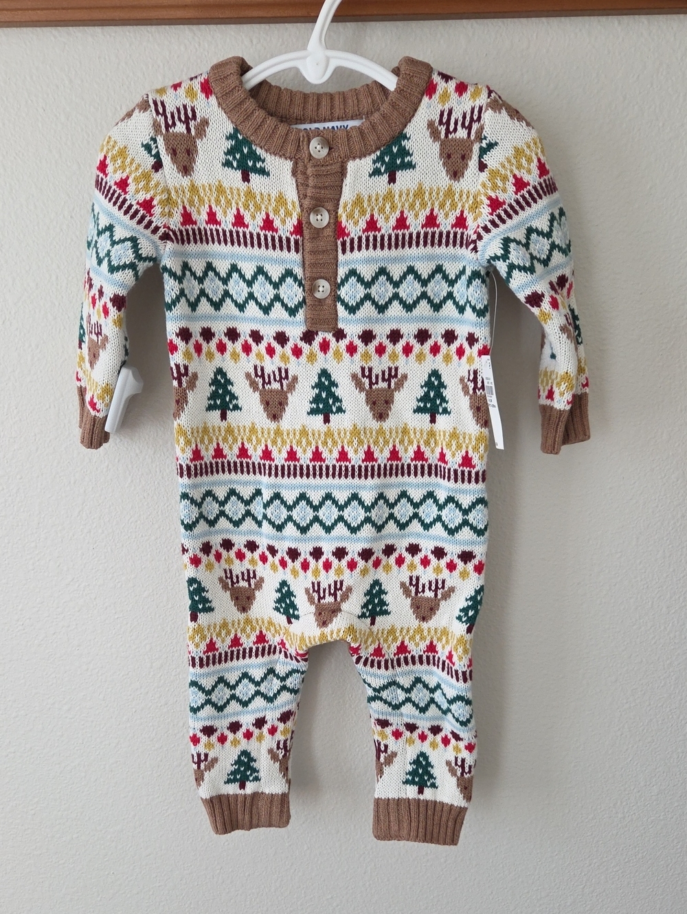 Old Navy NWT Reindeer Knit One-Piece Romper - Brown Trim 0-3 & 6-12 Mo